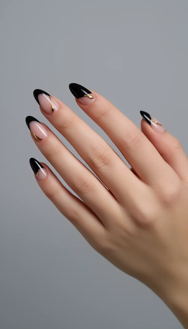 close-up shot of a woman’s hand with five fingers showing nails with almond-shaped nails with glossy black French tips and sheer nude bases with gold accents, soft grey background.