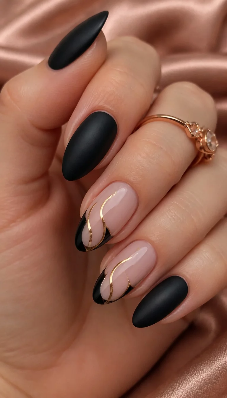 Matte And Gold Wave close-up shot of a woman’s hand with five fingers showing nails with almond-shaped nails with two in matte black and two with a sheer nude base, black tips, and gold wavy lines, rose gold ring background.