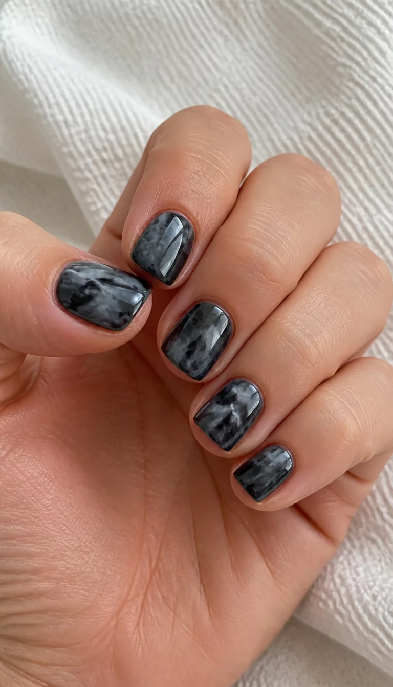 Smoky Marble Square Tips close-up shot of a woman’s hand with five fingers showing nails with square-shaped, short nails with a dark grey and black marbled design, white textured cloth background.
