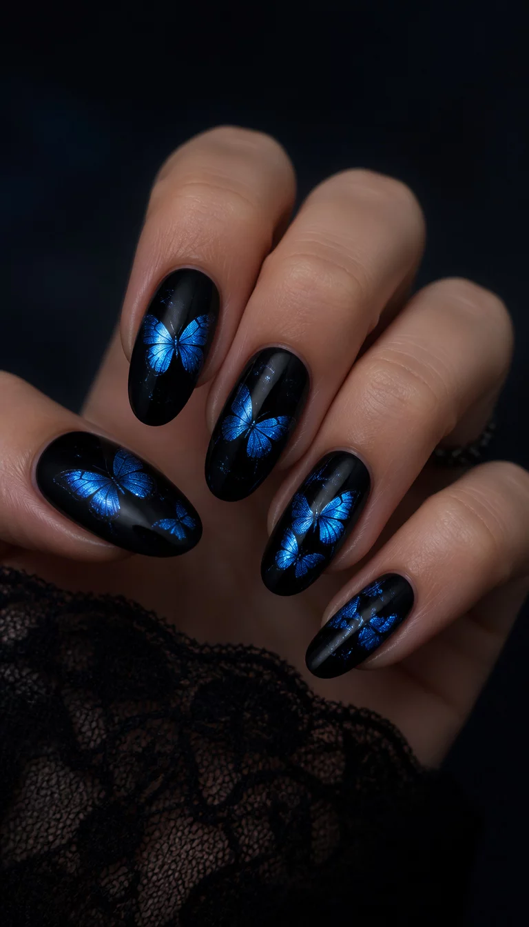 Luminous Butterfly Oval Nails close-up shot of a woman’s hand with five fingers showing nails with oval-shaped black nails with luminous blue butterfly designs, a clean, dark, and subtly lit setting.