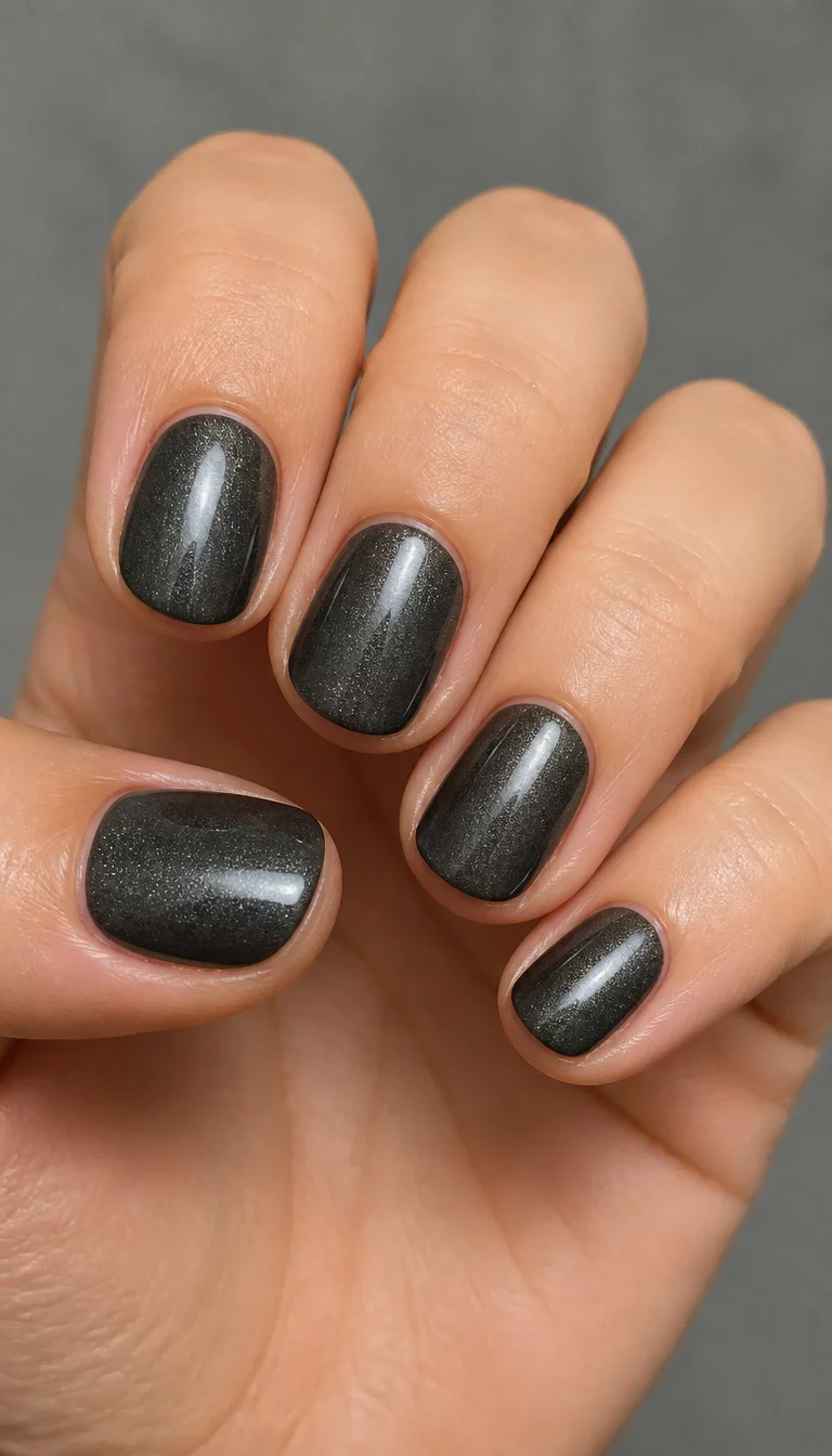 Metallic Charcoal Shimmer close-up shot of a woman’s hand with five fingers showing nails with short, rounded nails painted in a dark, metallic charcoal grey polish with a subtle shimmer, soft, neutral gray background.