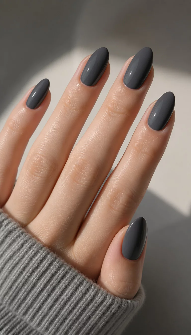 Indoor Shadow Charcoal Almond close-up shot of a woman’s hand with five fingers showing nails with almond-shaped, dark charcoal grey nails, soft, neutral color with subtle shadow and light play.