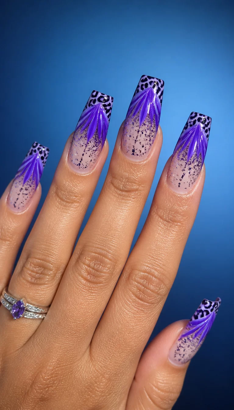 Eclectic Acrylic Art close-up shot of a woman’s hand with five fingers showing nails with a purple fan-like acrylic overlay, leopard print French tips, and clear nails with dark glitter, smooth gradient blue background.