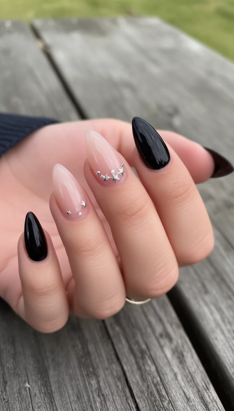 close-up shot of a woman’s hand with five fingers showing nails with almond-shaped nails with some featuring sheer nude with star-like gem accents and others with glossy black, outdoors with a wooden texture background.