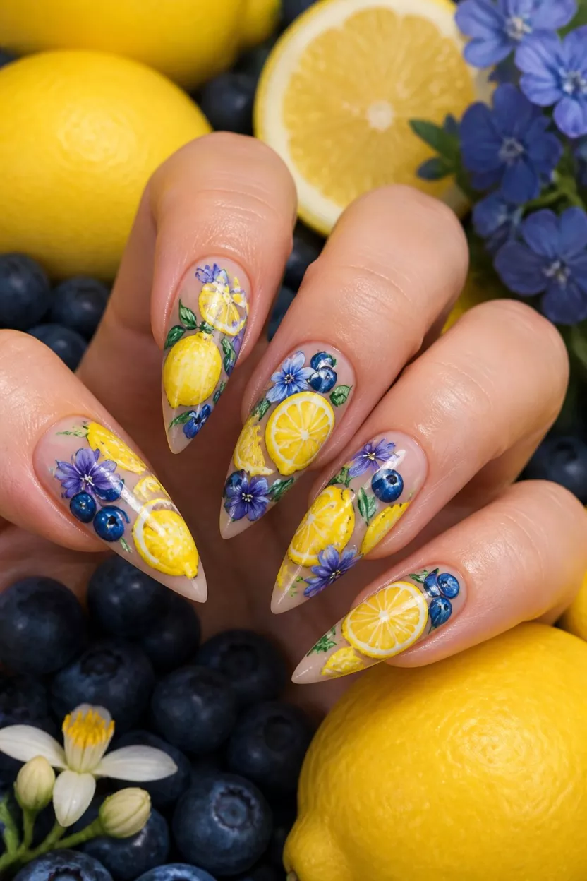 close-up shot of a woman’s hand with five fingers showing nails with long pointed nails adorned with bright yellow and purple blue fruit and flower nail art, lemons and blueberries background.