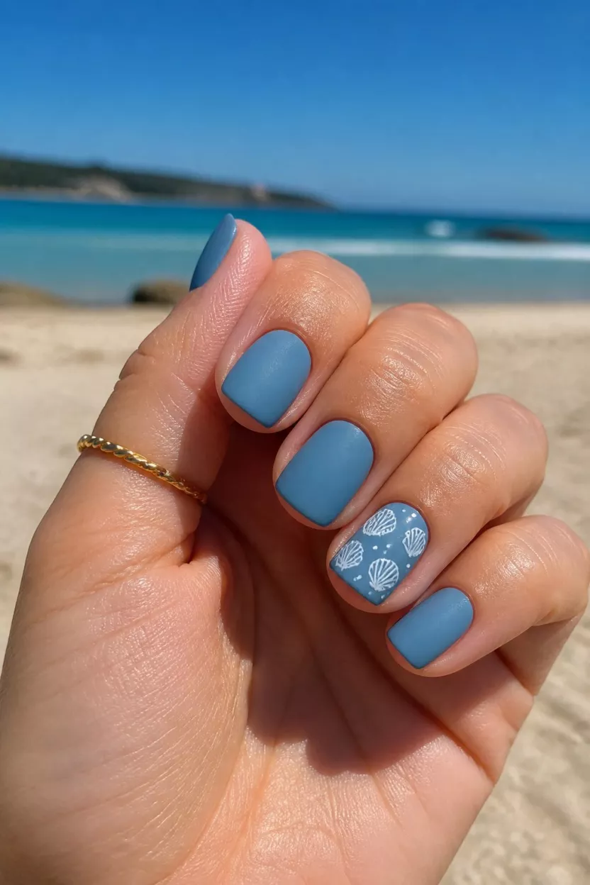 close-up shot of a woman’s hand with five fingers showing nails with short squoval nails finished in a matte dusty blue with one accent nail featuring white seashell designs, sunny beach setting.
