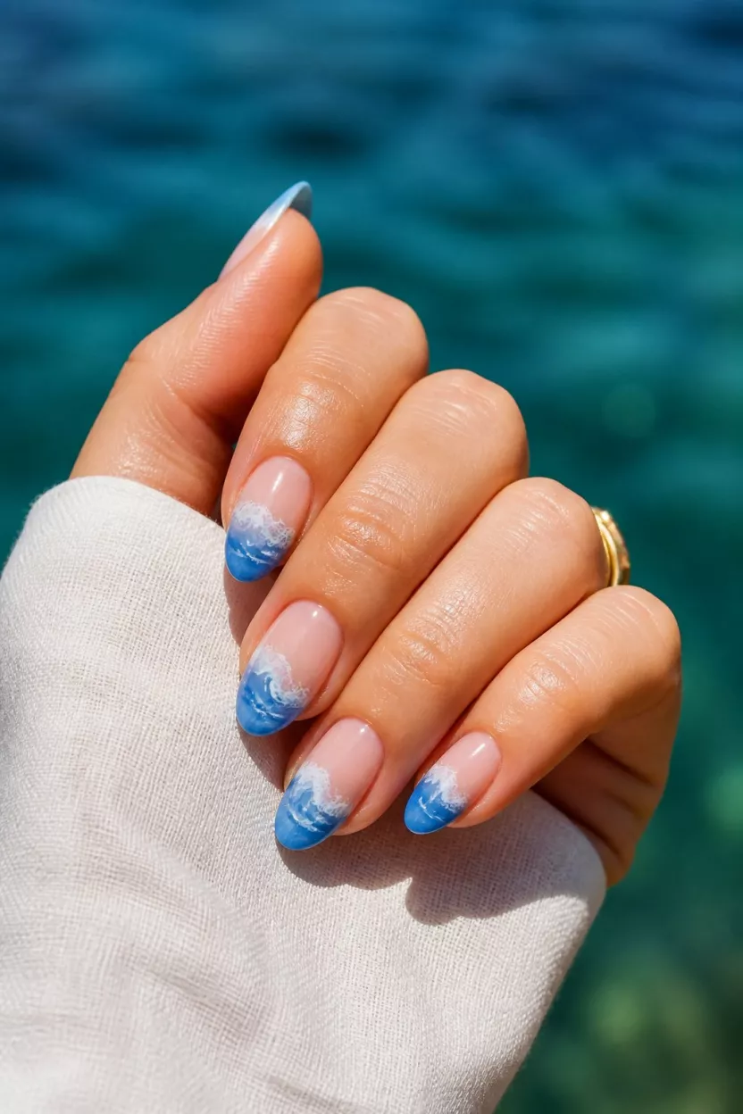 close-up shot of a woman’s hand with five fingers showing nails with oval nails featuring a blue ombre fading to nude with a drawn white wave detail, blurred background of teal and blue water.