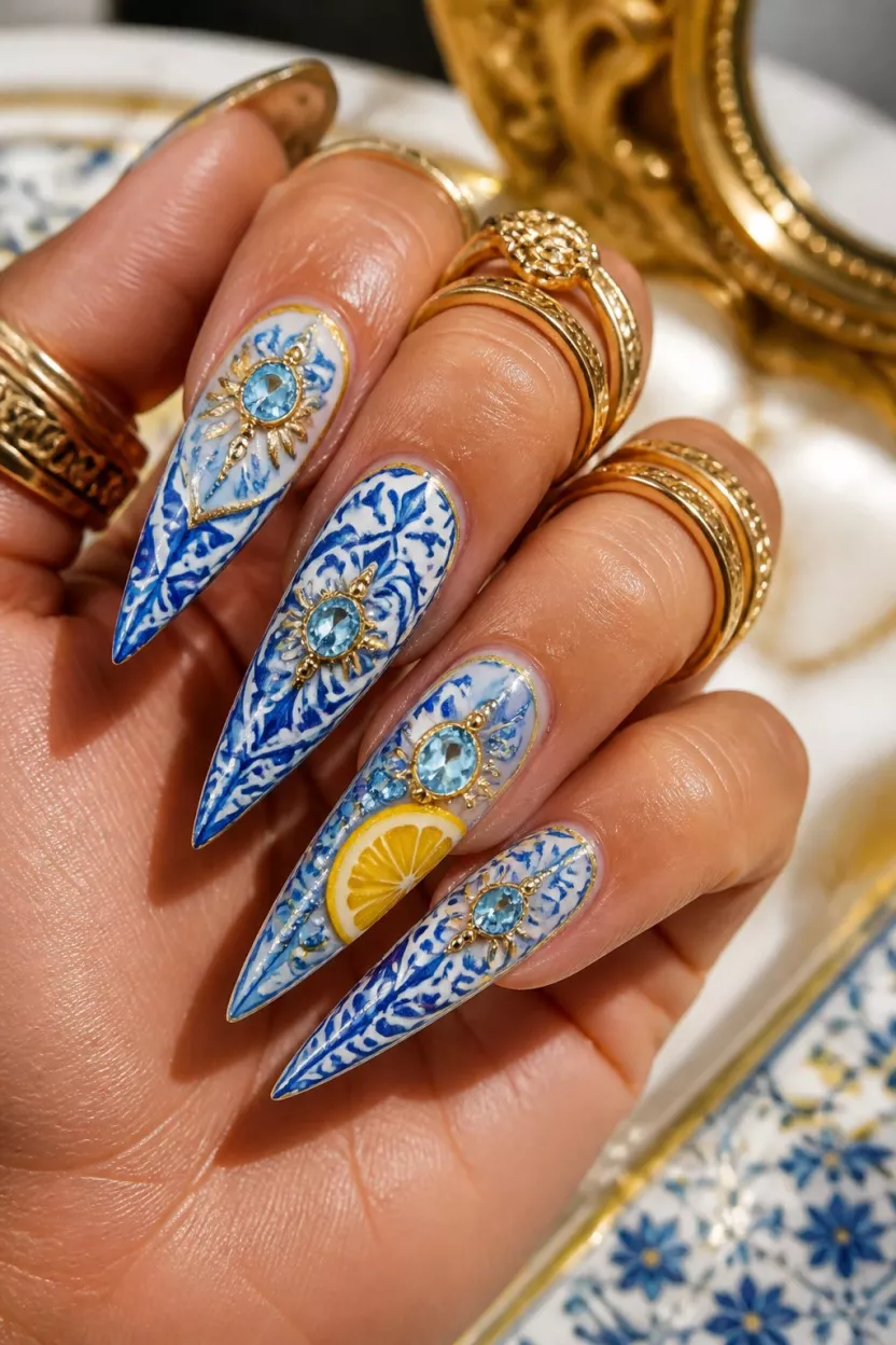 close-up shot of a woman’s hand with five fingers showing nails with very long stiletto nails boasting blue tile patterns and a citrus slice decal and light blue gems and gold accents, bold gold rings background.