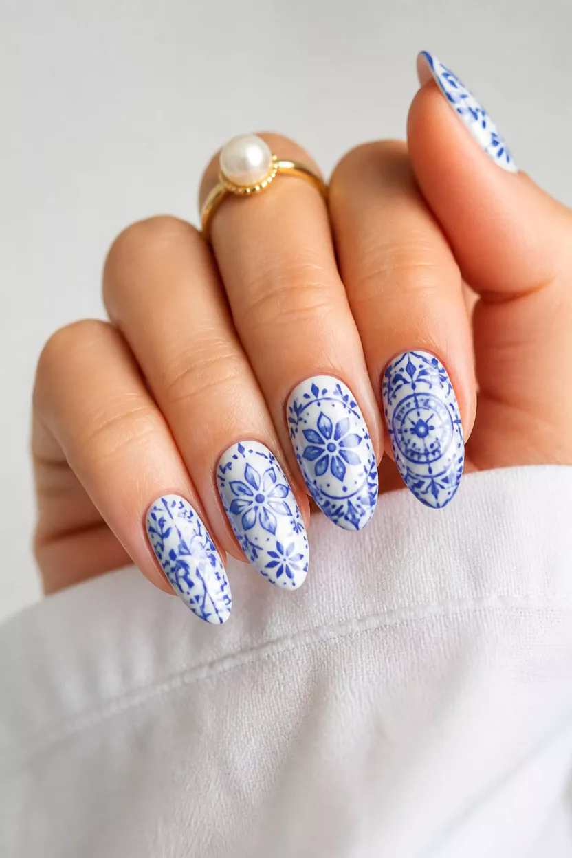 close-up shot of a woman’s hand with five fingers showing nails with almond shaped nails showcasing intricate blue and white hand painted designs reminiscent of Portuguese tiles, light background with a pearl ring.