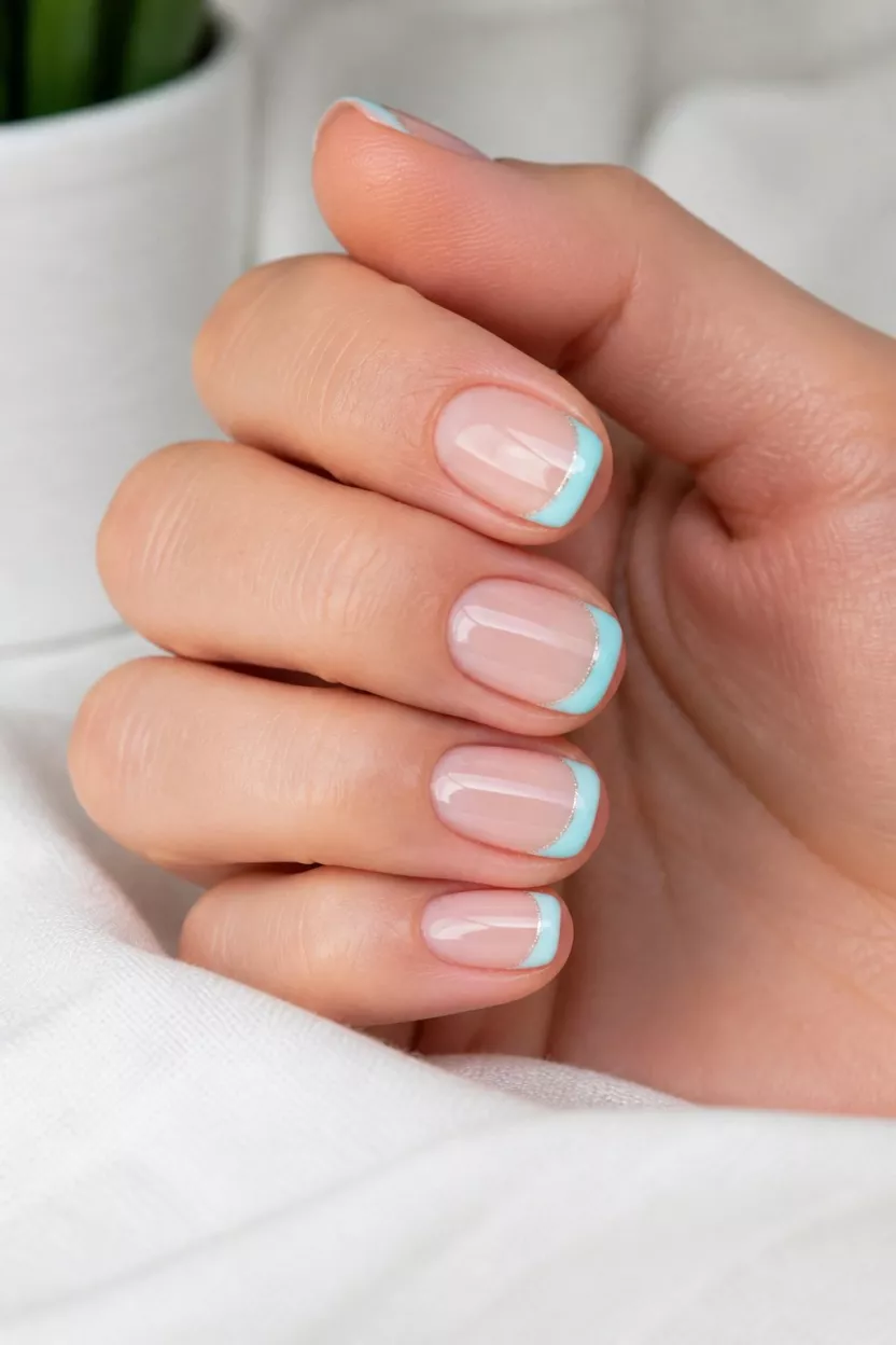 close-up shot of a woman’s hand with five fingers showing nails with short rounded nails displaying a sheer base with a light aqua blue French tip accented by a delicate silver line, clean setting background.