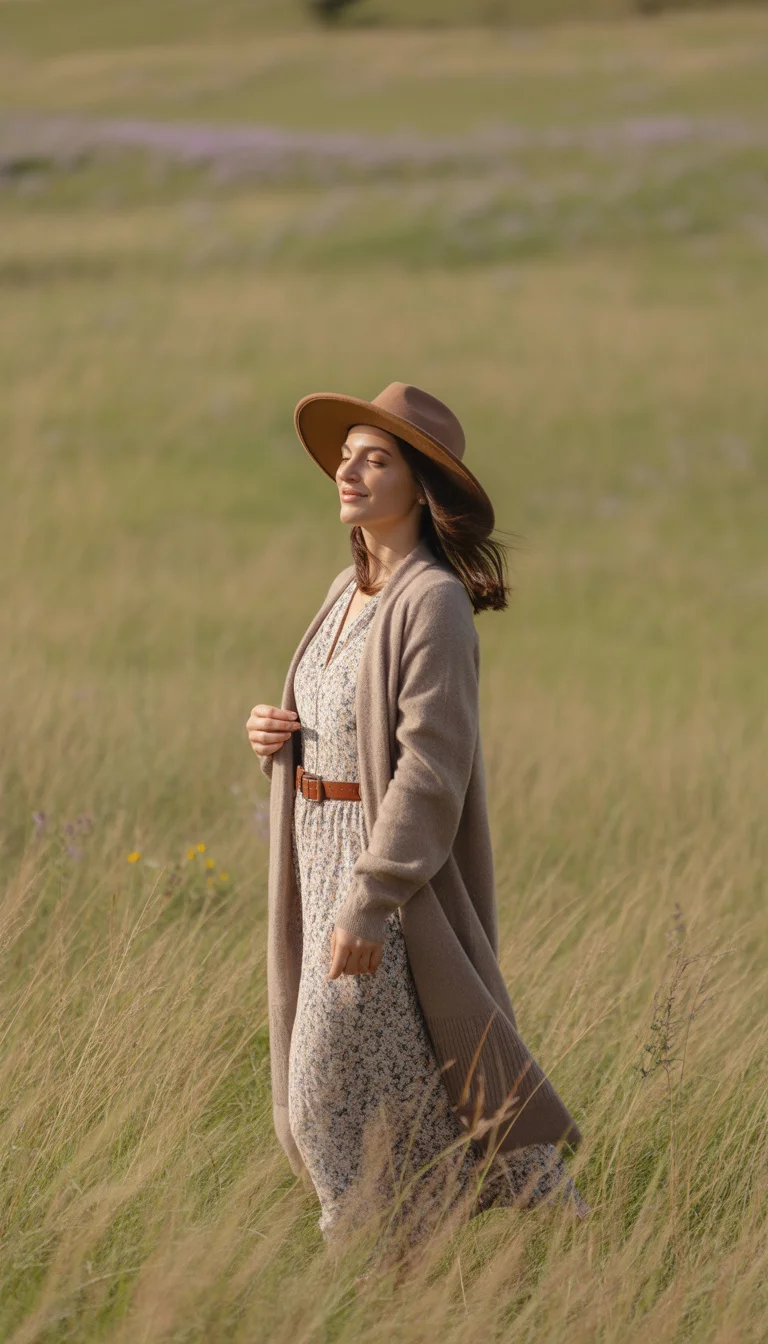 A beautiful 27-year-old woman in a floral dress and a long beige cardigan, standing in a field of golden grass, wearing a brown hat and a brown leather belt.