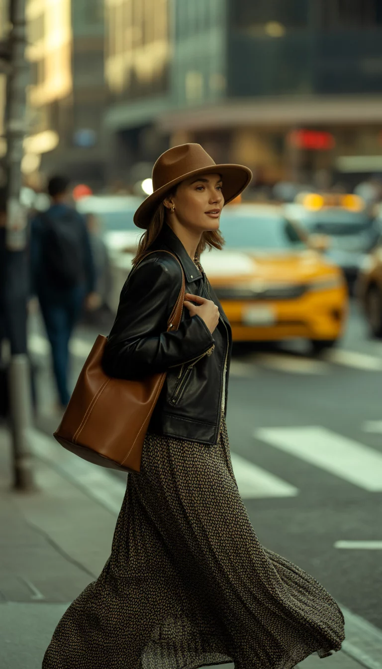 A beautiful 33-year-old woman in a brown hat, a black leather jacket, and a patterned maxi dress, carrying a large brown bucket bag while walking on a busy city street.
