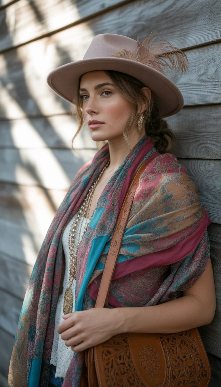 A beautiful 31-year-old woman in various layered boho outfits featuring colorful scarves, felt hats, and leather bags, displayed in a collage format against a rustic wooden background.