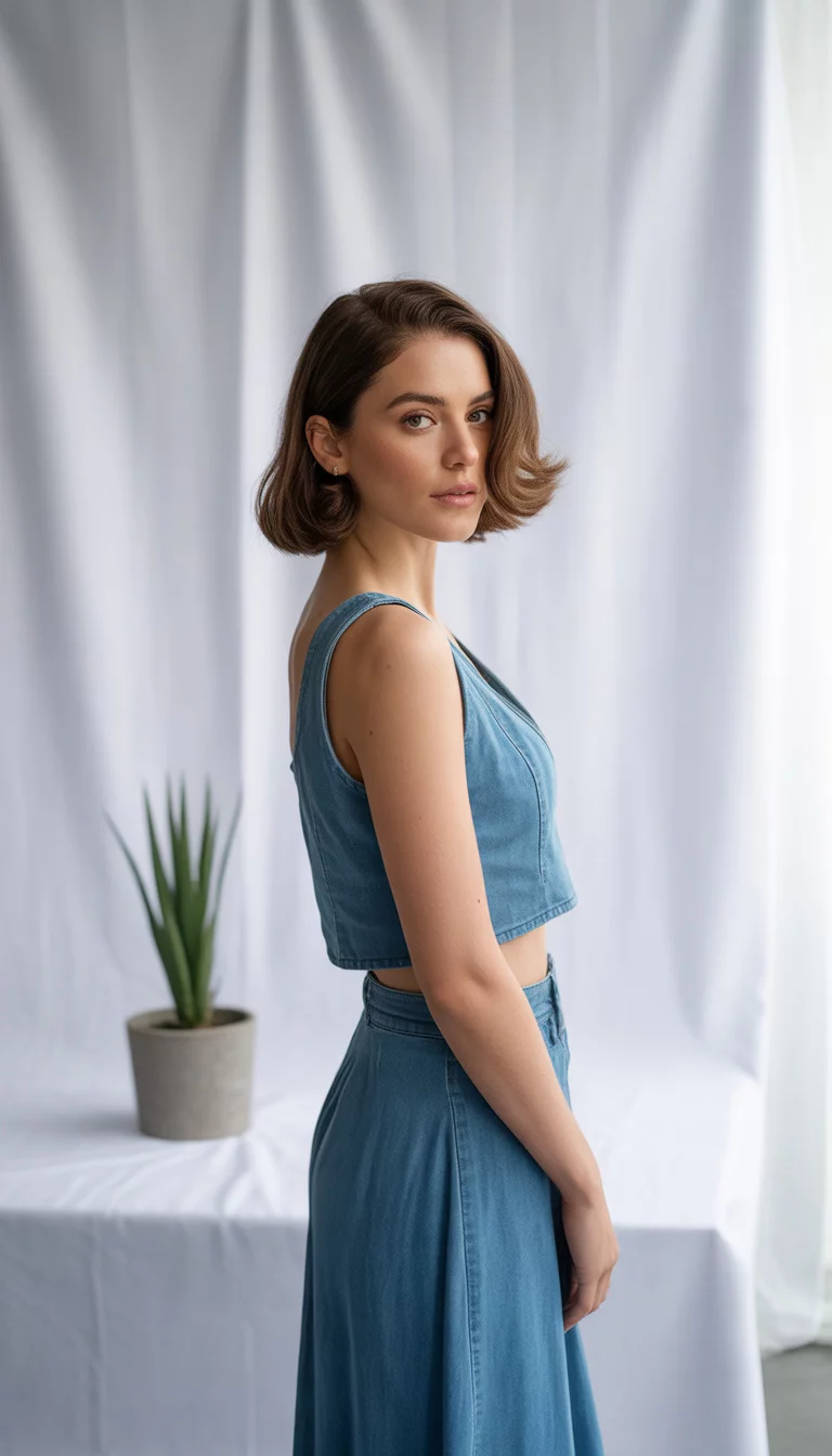 A beautiful 26-year-old woman with a chic short haircut in a light blue denim two-piece set featuring a cropped top and a long skirt, standing in a minimalist studio.