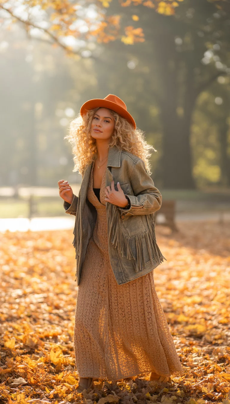 A beautiful 27-year-old woman with blonde curly hair in a tan lace maxi dress, a fringed leather jacket, and an orange fedora, posing in a park with falling orange leaves.