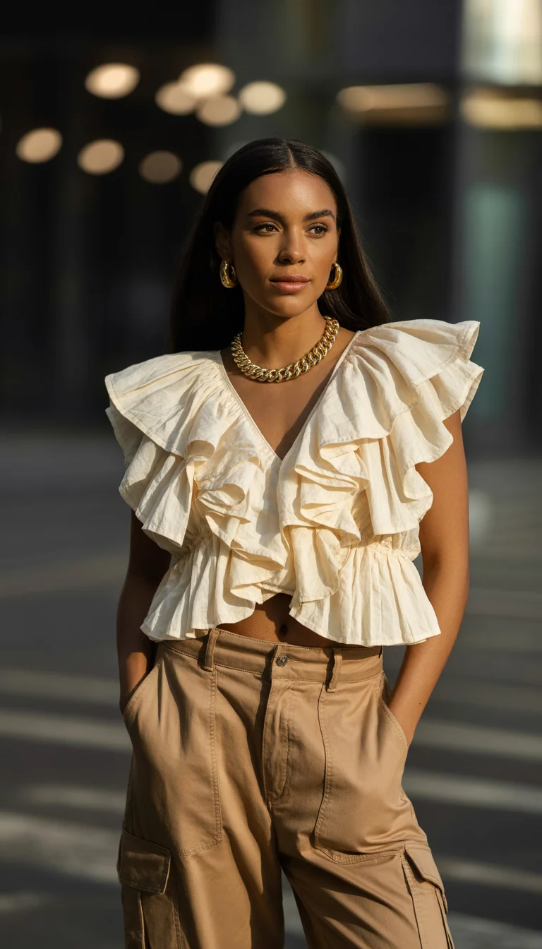 A beautiful 29-year-old woman with dark skin in an ornate ivory ruffled top with gold statement jewelry and baggy tan cargo pants, posing in a modern city setting.