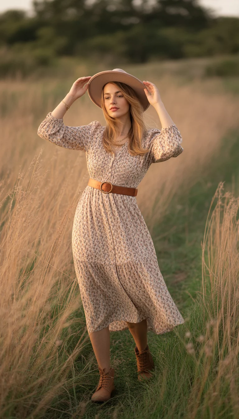 A beautiful 28-year-old woman in a floral midi dress and brown leather boots, posing in a field of tall dry grass, wearing a brown belt and a matching hat.