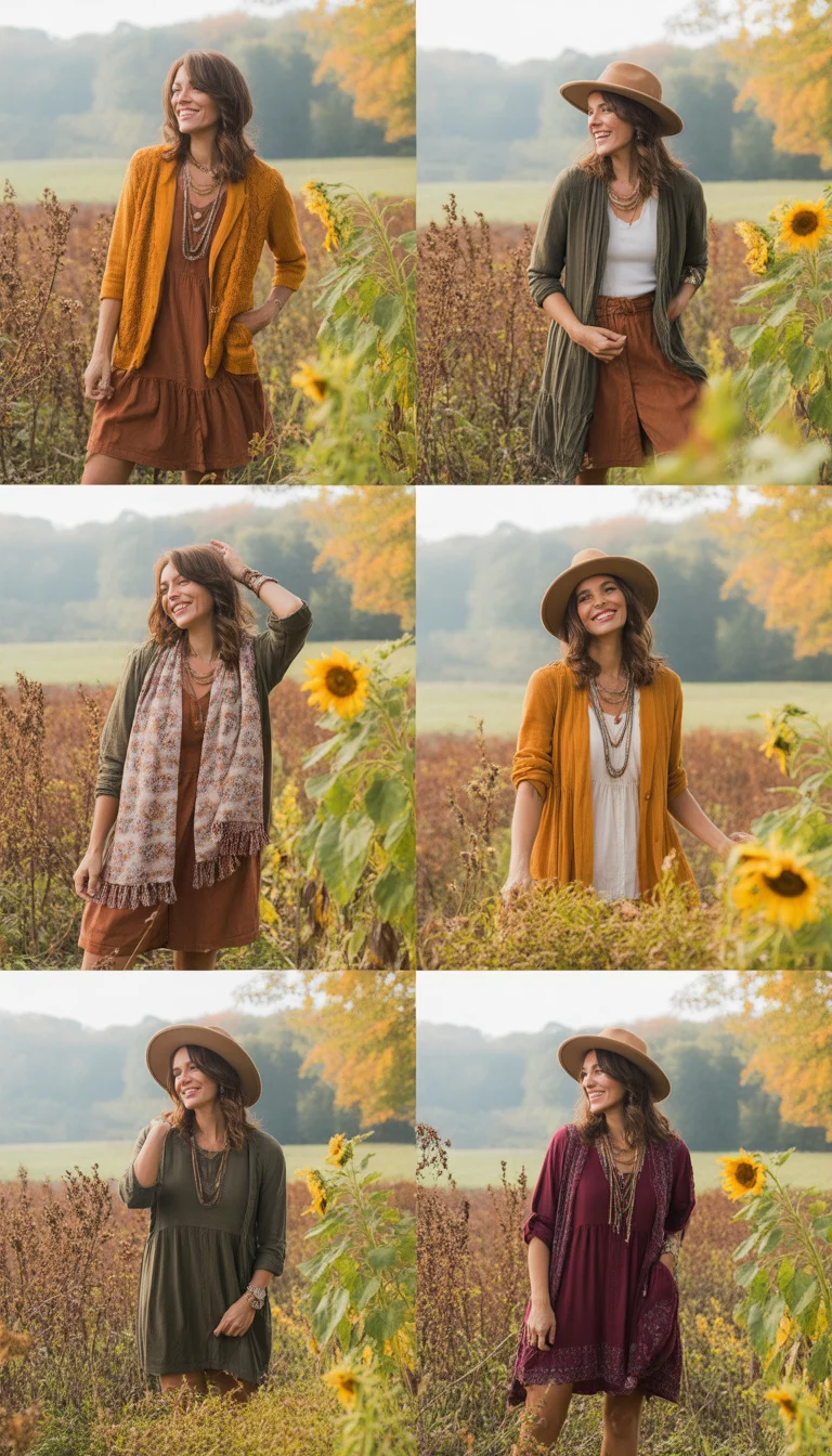 A beautiful 30-year-old woman wearing six different boho-style fall looks featuring warm-toned cardigans, scarves, and layered dresses, shown in a collage in an outdoor autumnal setting.