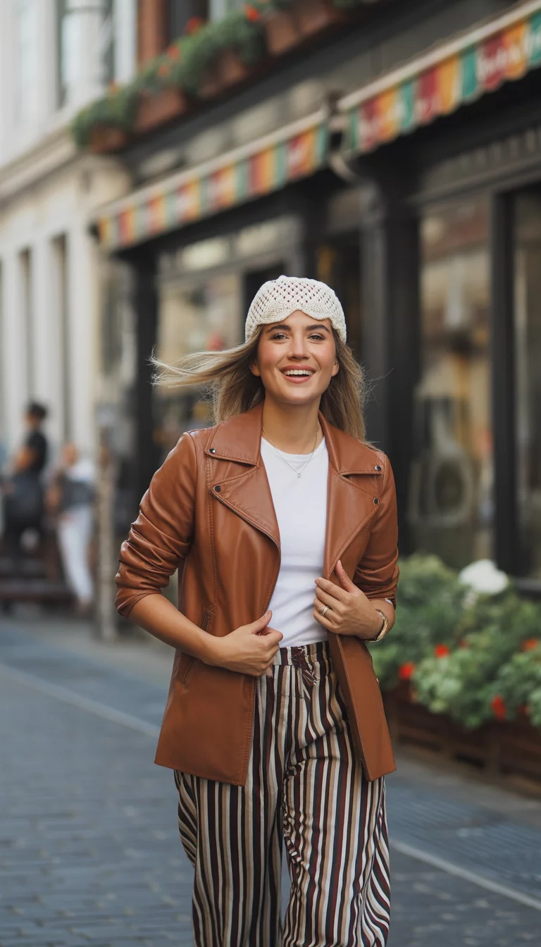 A beautiful 28-year-old woman in a brown leather jacket, a white t-shirt, and striped wide-leg pants, walking on a cobblestone street wearing a white crochet hat.