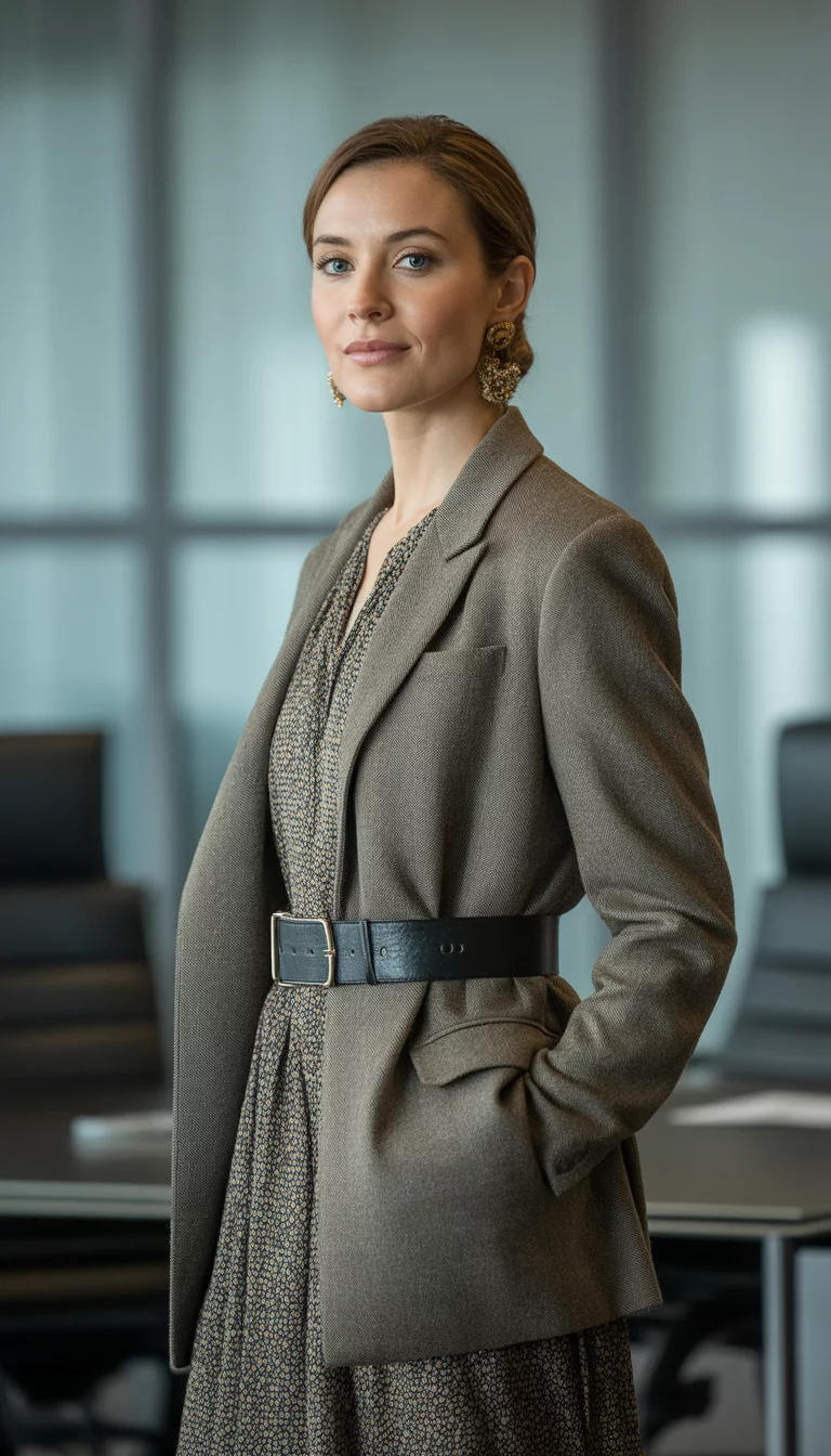 A beautiful 35-year-old woman in a patterned boho dress layered under a brown tweed blazer, with a black leather belt and large gold earrings in a professional office setting.