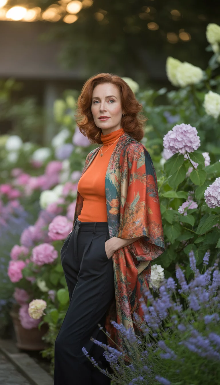 A beautiful 48-year-old woman in a vibrant floral kimono-style jacket over black pants and an orange turtleneck, standing amidst colorful garden flowers.