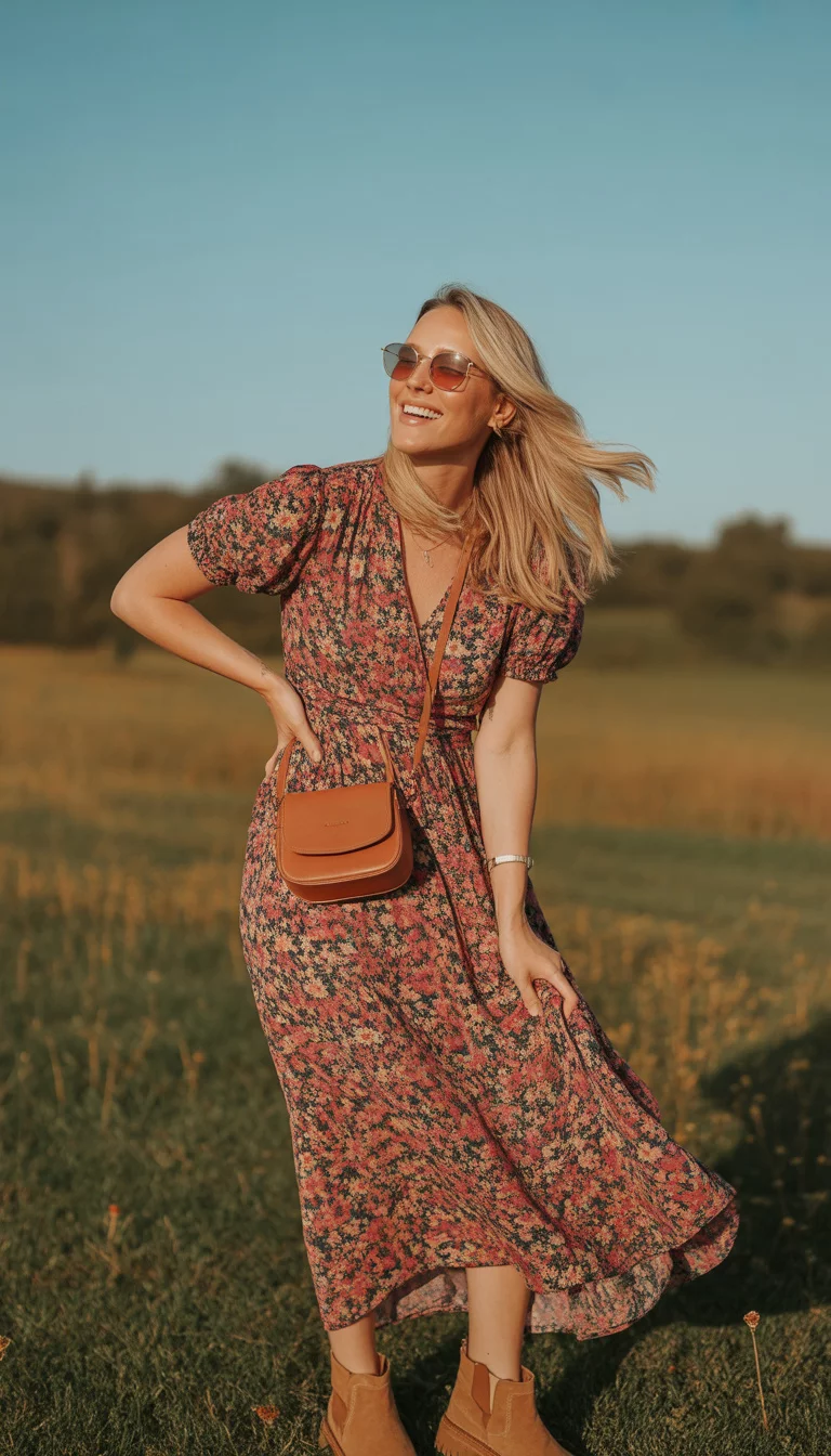 A beautiful 31-year-old woman with blonde hair and sunglasses in a vibrant floral maxi dress and tan booties, carrying a small brown crossbody bag with a wide smile.