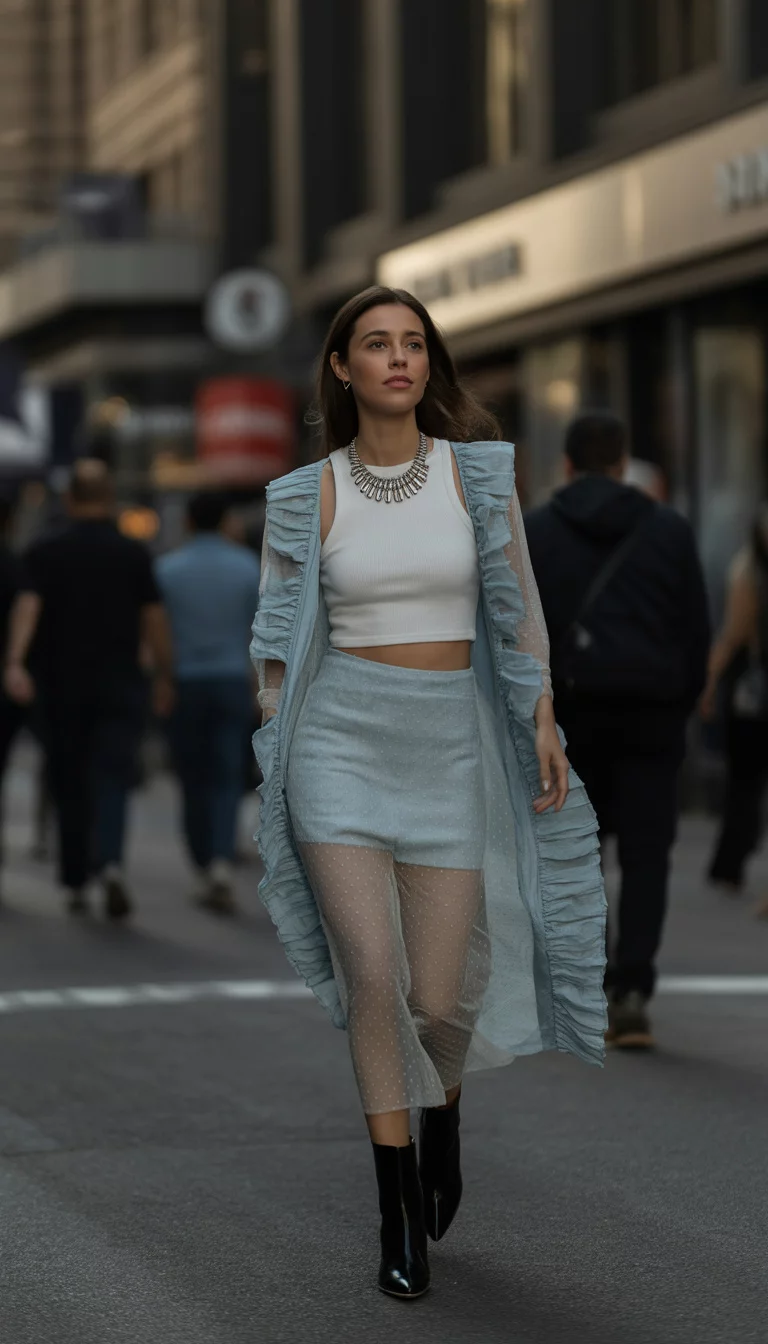 A beautiful 30-year-old woman in a sheer pale blue dress with ruffled details and a white cropped top, accessorized with a statement silver necklace and black ankle boots, walking down a city street.