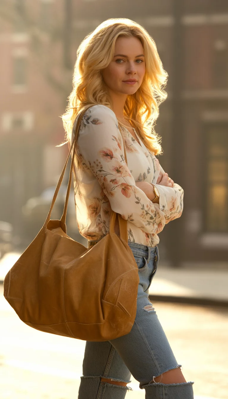 A beautiful 26-year-old woman with blonde hair in ripped blue jeans, a long-sleeved floral blouse, and denim thigh-high boots, carrying a large tan leather bag.