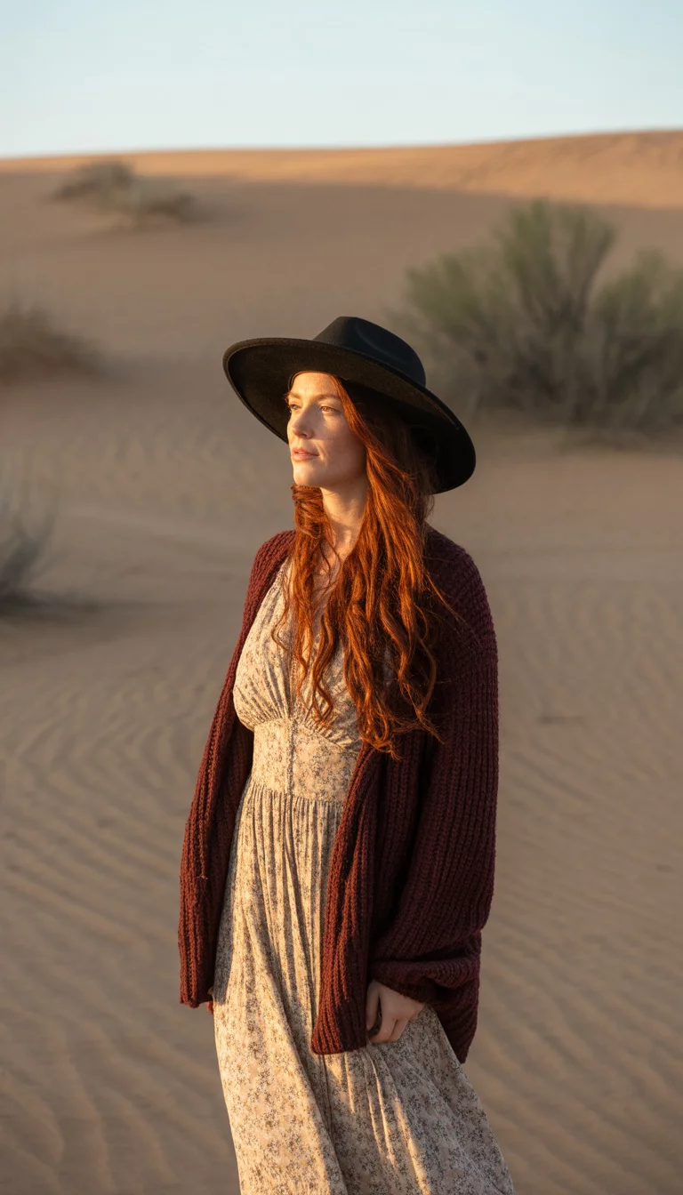 A beautiful 30-year-old woman with long red hair and a wide-brimmed black hat in a floral maxi dress and a chunky maroon cardigan, standing in a sandy desert setting.