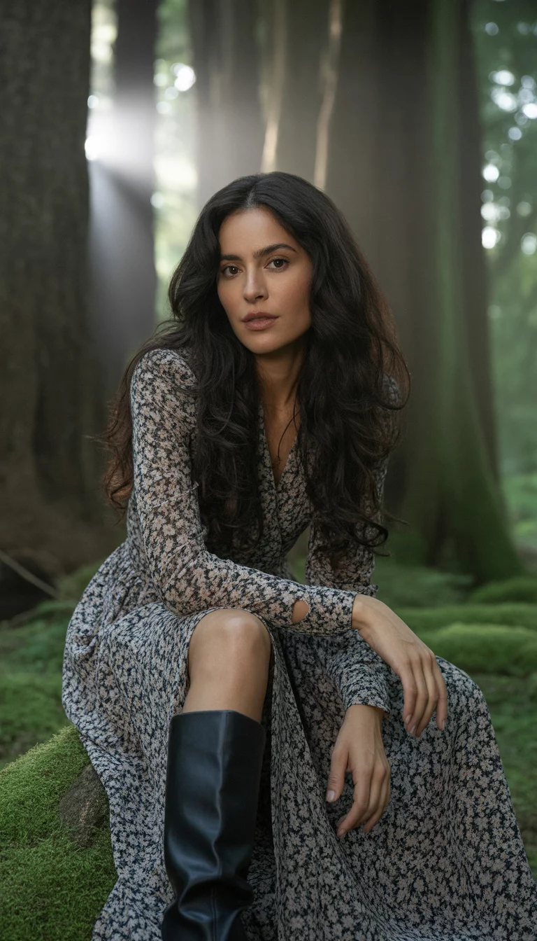 A beautiful 27-year-old woman with long dark hair in a long-sleeved floral maxi dress with a thigh-high slit and black knee-high boots, posing in a dense forest.