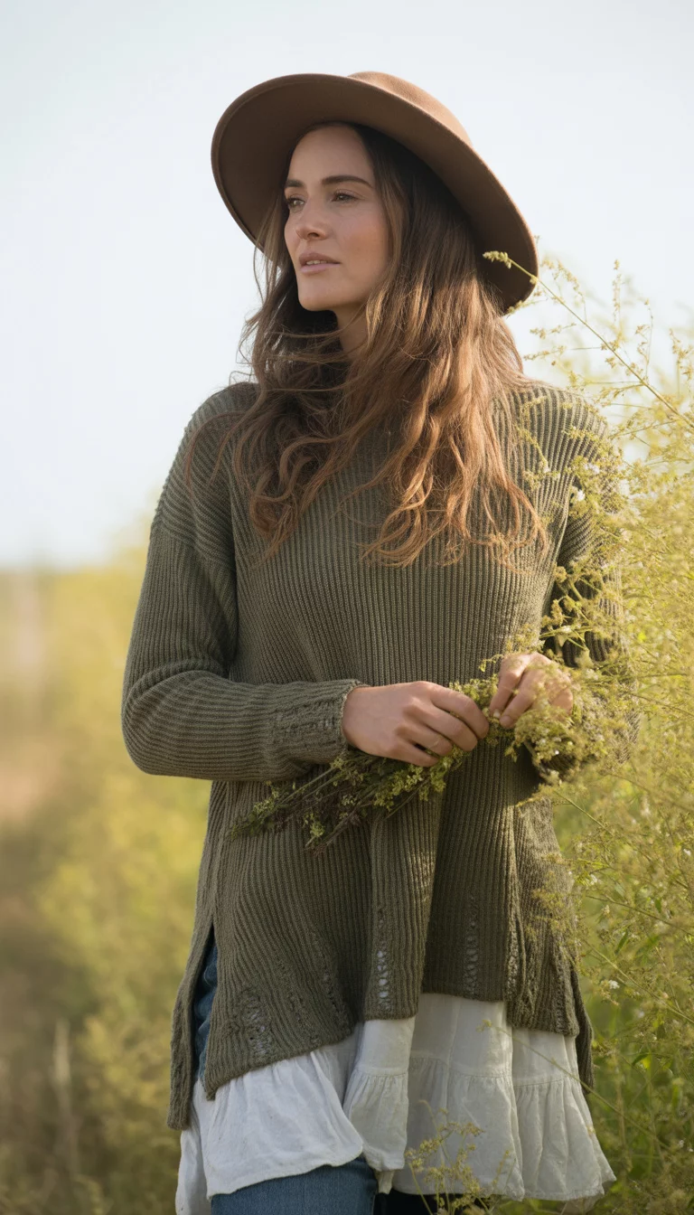 A beautiful 32-year-old woman with long, wavy brown hair in a distressed olive green sweater dress layered over a white ruffled hem, paired with a floppy brown hat.