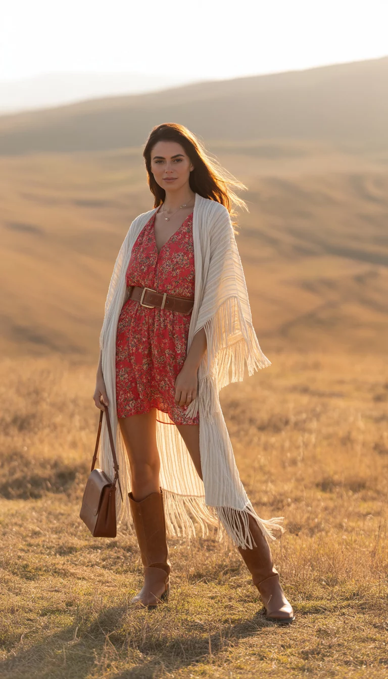 A beautiful 25-year-old woman in a field of dry grass wearing a red floral mini-dress, a white fringe kimono, a brown belt and leather bag, and brown knee-high boots.