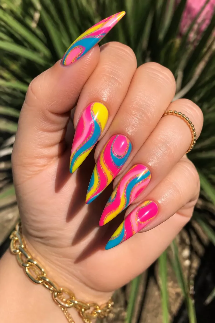 close-up shot of a woman’s hand with five fingers showing nails with stiletto nails featuring hot pink, neon yellow, and teal swirls with glitter accents, outdoors in sunlight.