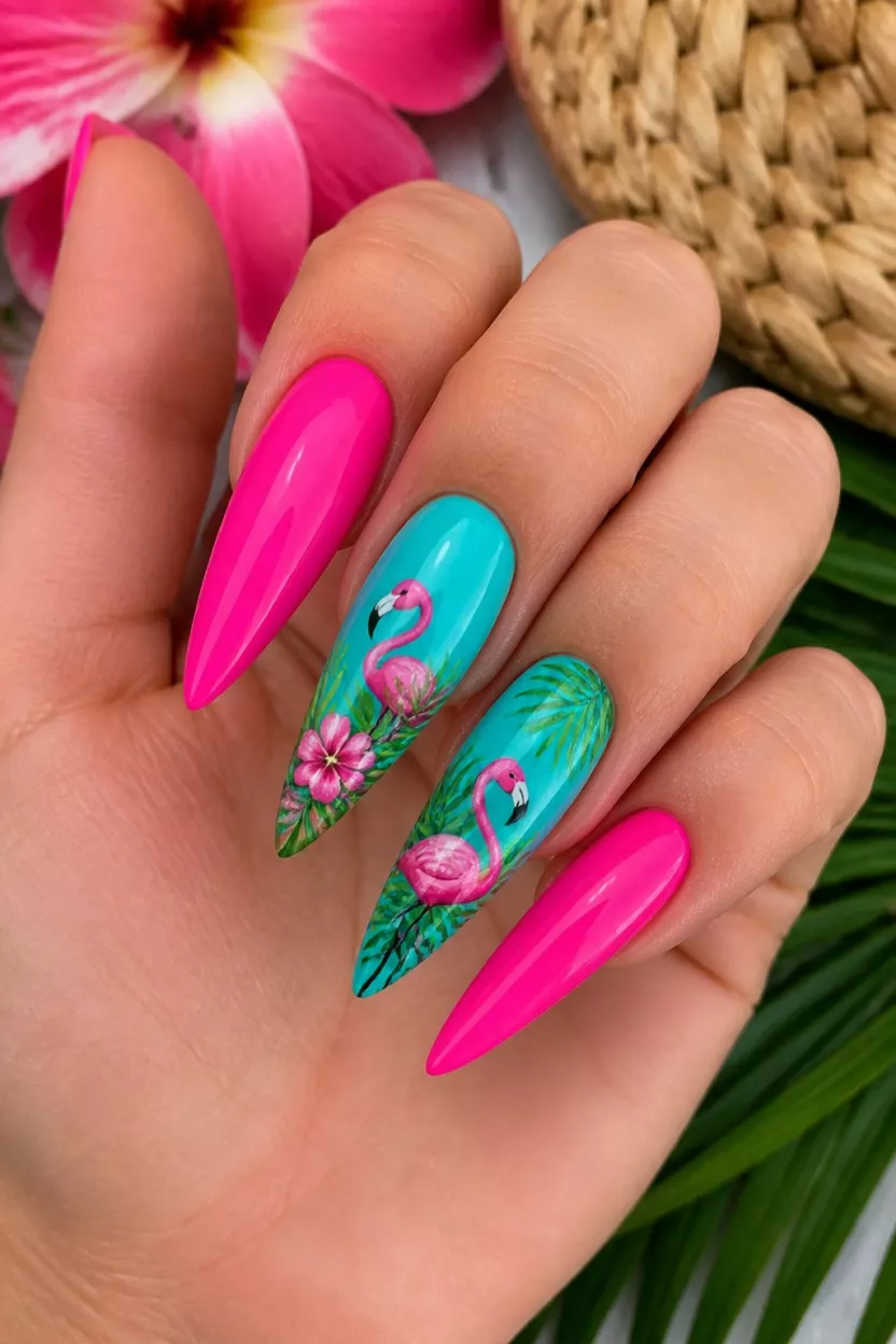 close-up shot of a woman’s hand with five fingers showing nails with long stiletto nails alternating between solid neon pink and turquoise with flamingo artwork and tropical foliage