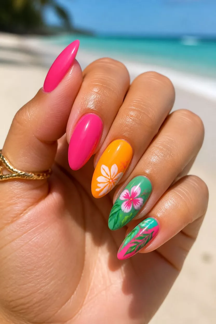 close-up shot of a woman’s hand with five fingers showing nails with almond nails displaying bright pink, orange, and green colors with tropical flower artwork, sunlit beach background.
