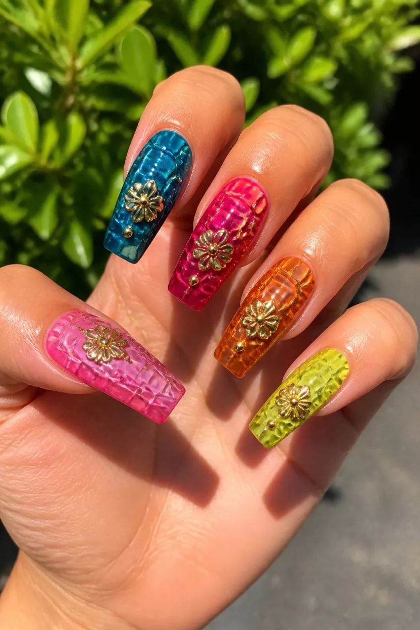 close-up shot of a woman’s hand with five fingers showing nails with long coffin-shaped nails with bright textured crocodile patterns and gold 3D flower studs, outdoors in bright sunlight against greenery.