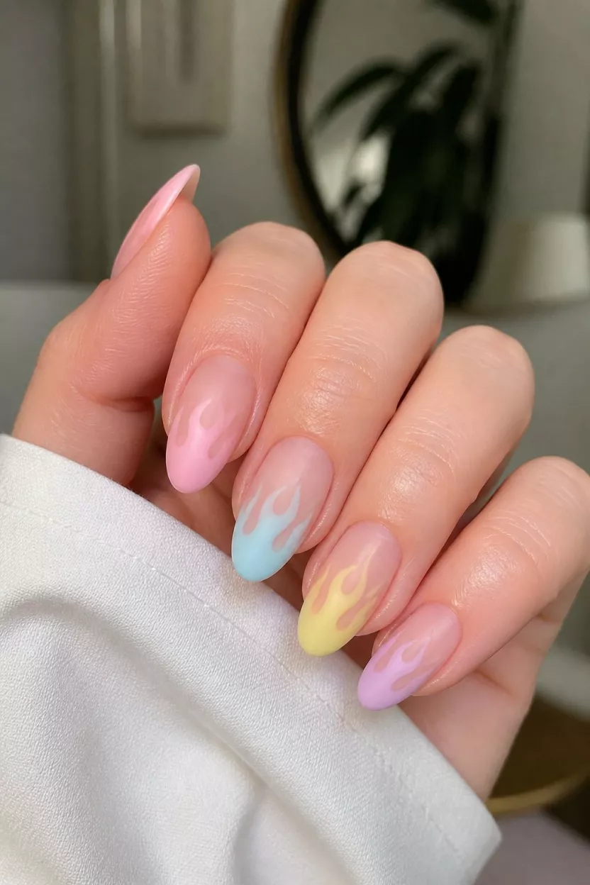 close-up shot of a woman’s hand with five fingers showing nails with oval nails utilizing pastel pink, blue, yellow, and lavender with sheer bases and frosted flame graphics, worn indoors.