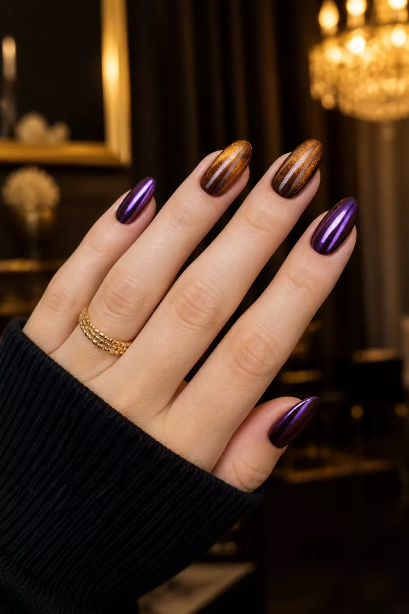 close-up shot of a woman’s hand with five fingers showing nails with shimmery amber cat-eye and deep purple chrome nails, sophisticated indoor setting.