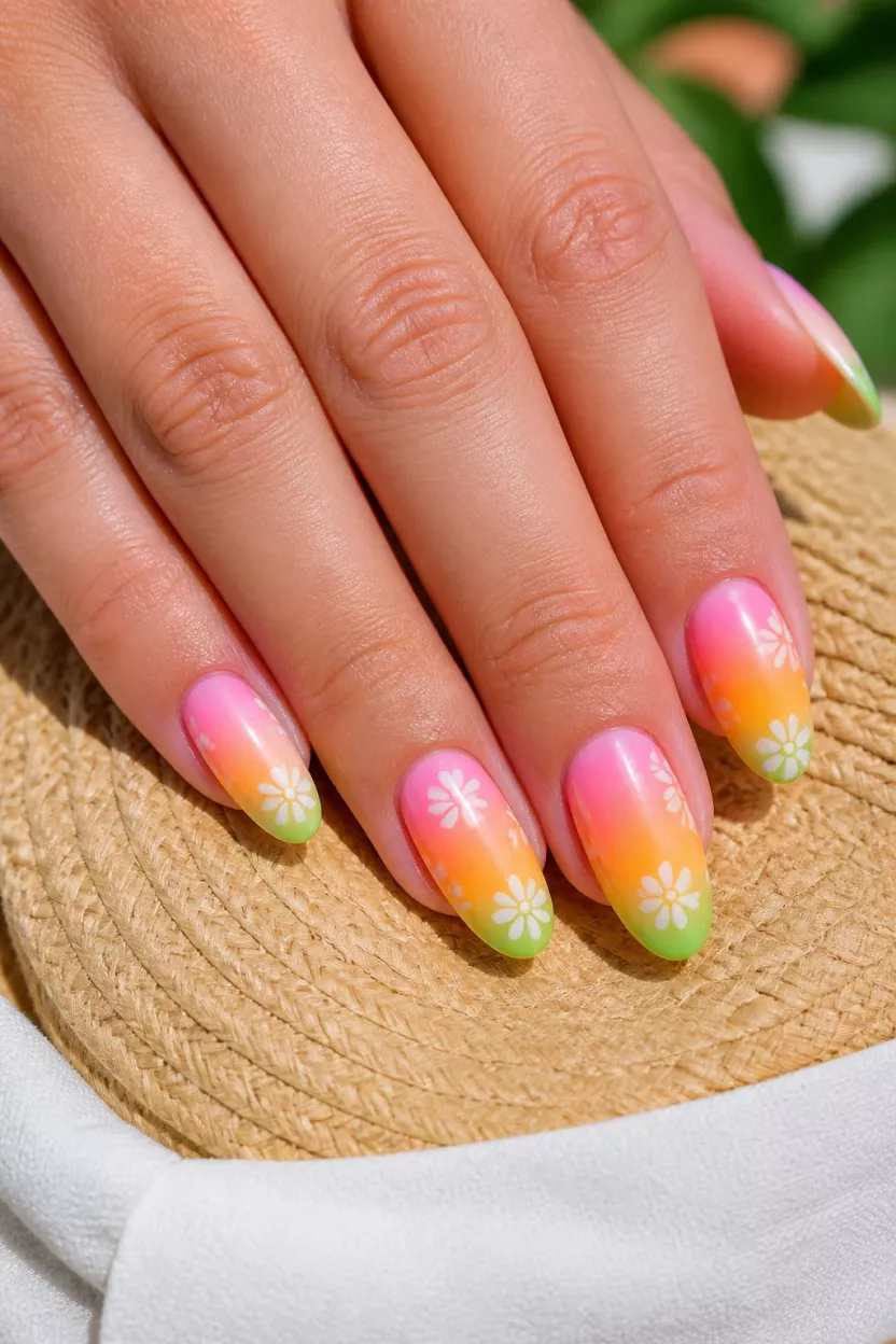 close-up shot of a woman’s hand with five fingers showing nails with almond-shaped nails displaying a gradient of pink, orange, yellow, and green with white flower details, set on a straw hat.