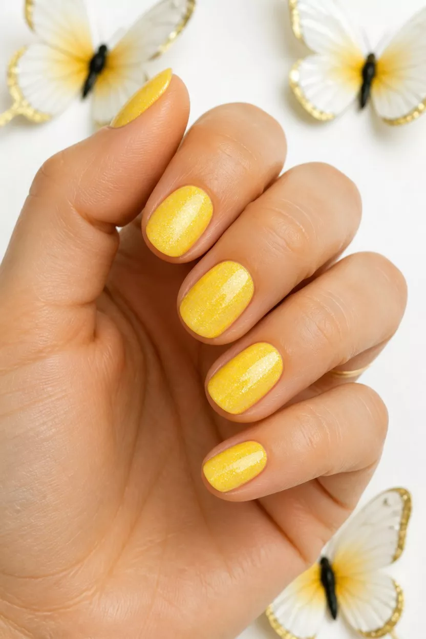 close-up shot of a woman’s hand with five fingers showing nails with short-medium oval nails painted a sparkling canary yellow, held against a white background with decorative butterflies.