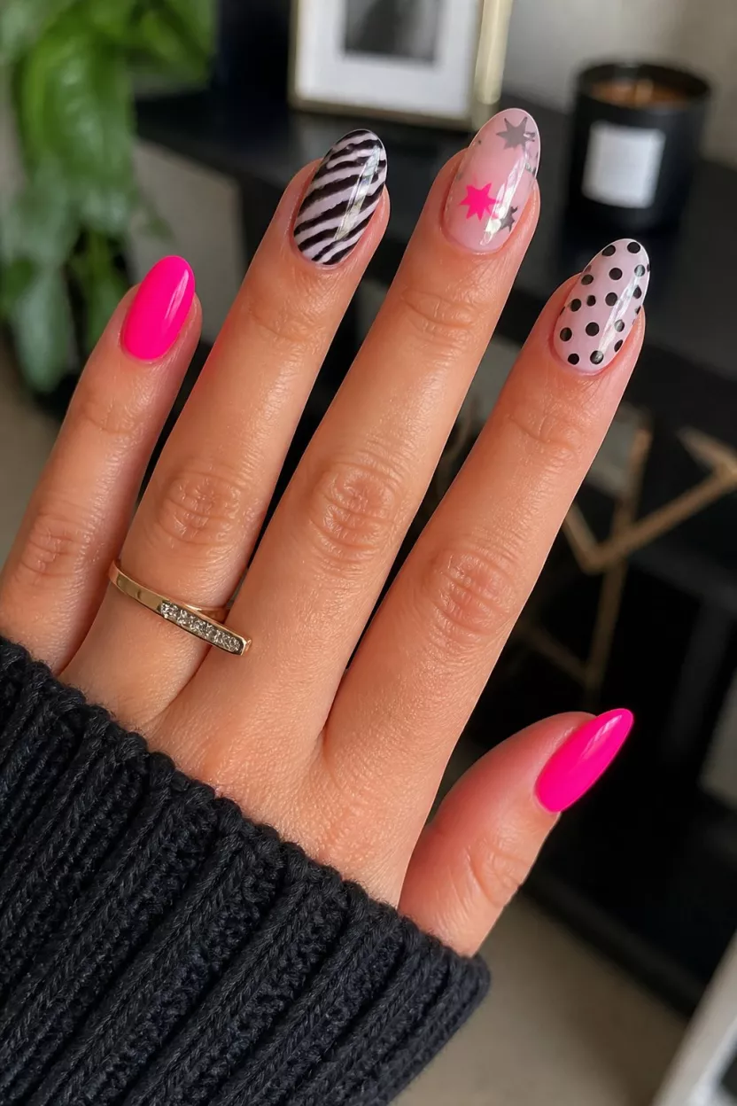 close-up shot of a woman’s hand with five fingers showing nails with oval nails displaying an eclectic mix of neon pink, zebra print, sheer base with stars, and polka dots, indoor setting.