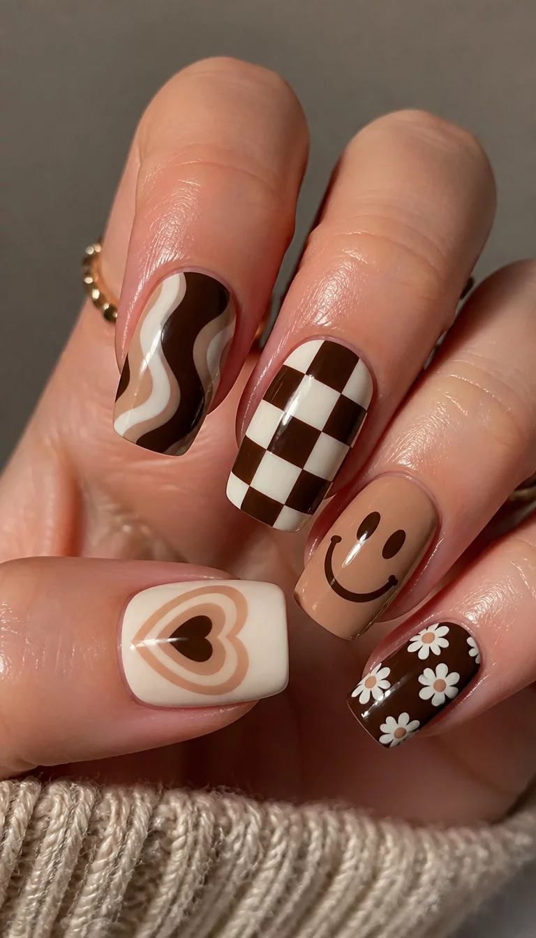 close-up shot of a woman’s hand with five fingers showing oval and square shaped nails featuring retro-inspired designs like checkerboard patterns, smiley faces, hearts, and flowers in brown, white, and tan tones.