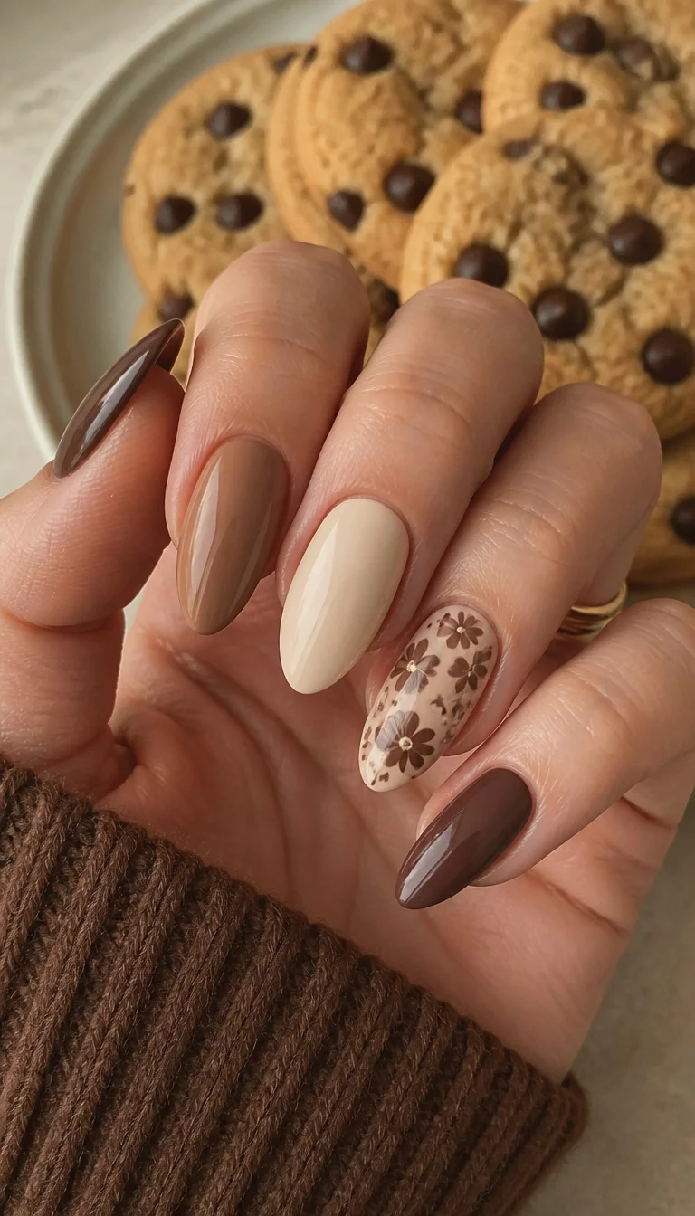close-up shot of a woman’s hand with five fingers showing almond-shaped nails with various brown and beige tones, some feature a floral pattern, others are solid, one has a light cream base, chocolate chip cookies in the background.