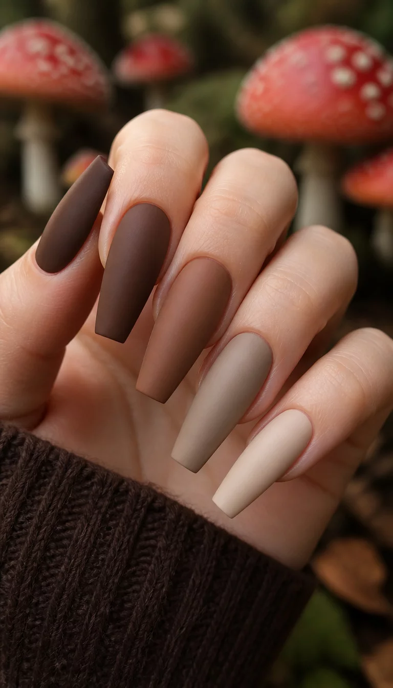close-up shot of a woman’s hand with five fingers showing long coffin-shaped nails uniformly matte in various shades of brown and beige, blurred background of red mushrooms.