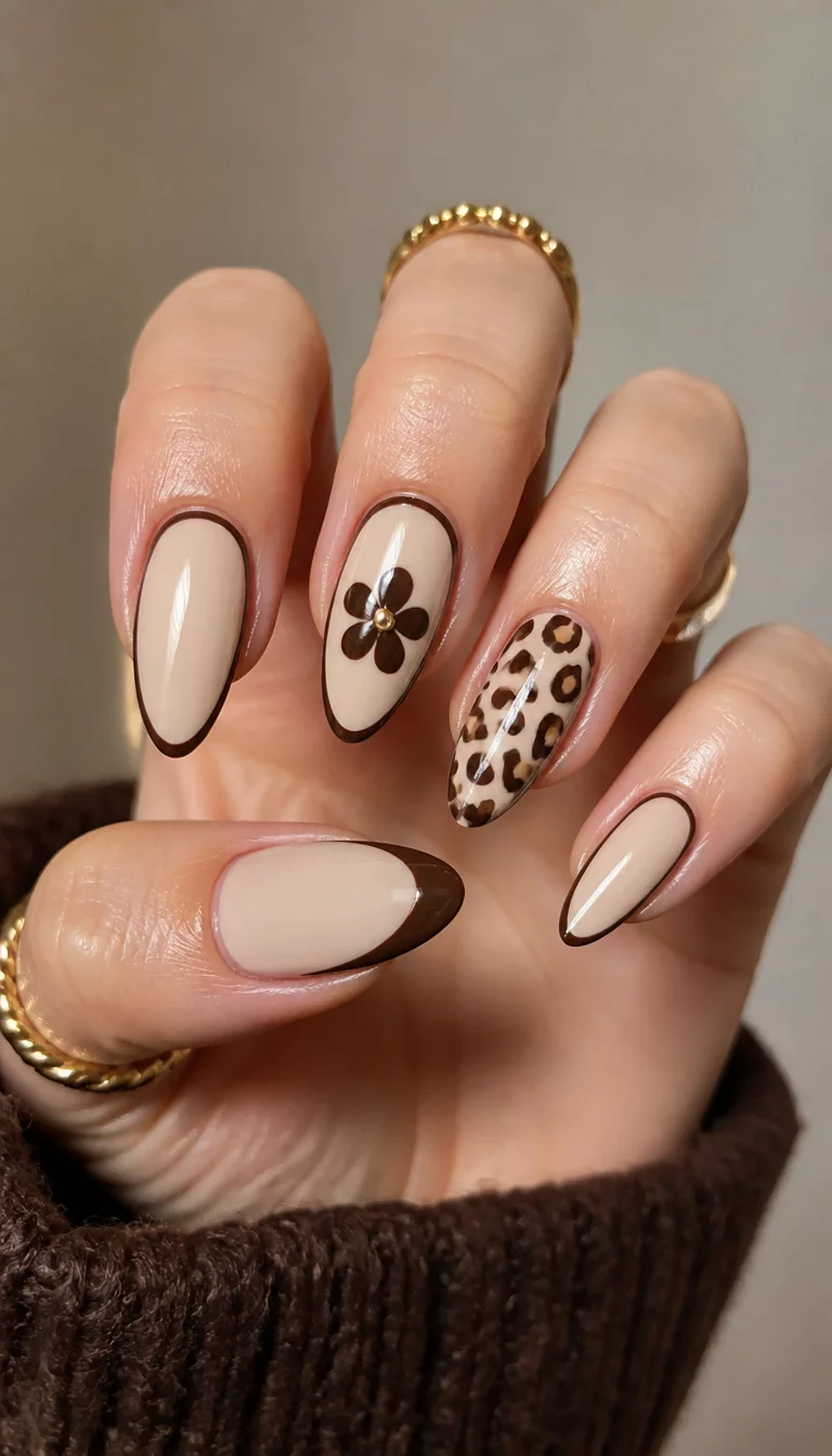 close-up shot of a woman’s hand with five fingers showing almond-shaped nails, one with a dark brown glossy tip, others with a beige base with dark brown outlines, a flower design, and leopard print, gold rings.