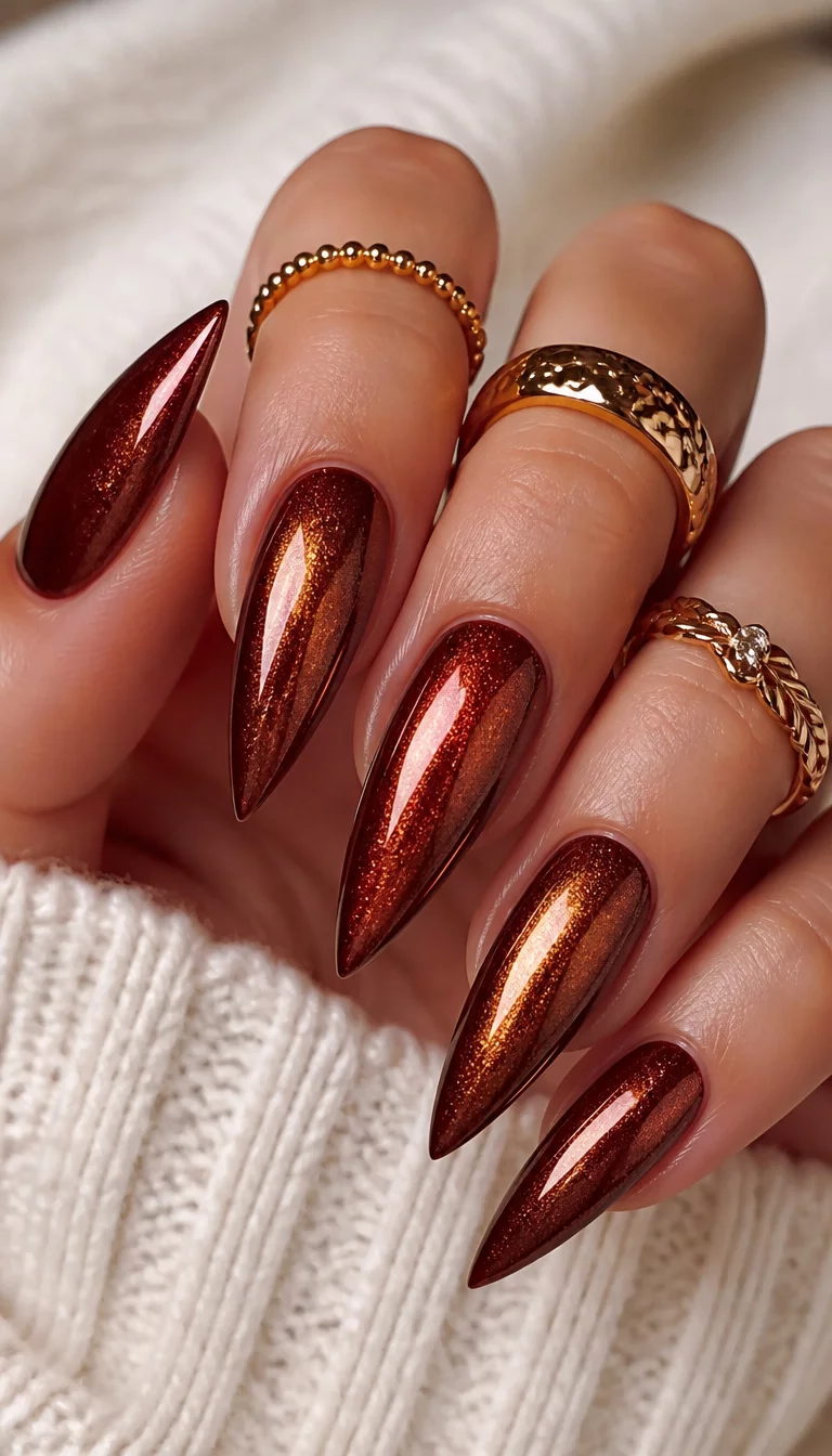 close-up shot of a woman’s hand with five fingers showing stiletto-shaped nails with a shimmering metallic copper and dark mahogany red polish, gold rings and a white sweater background.