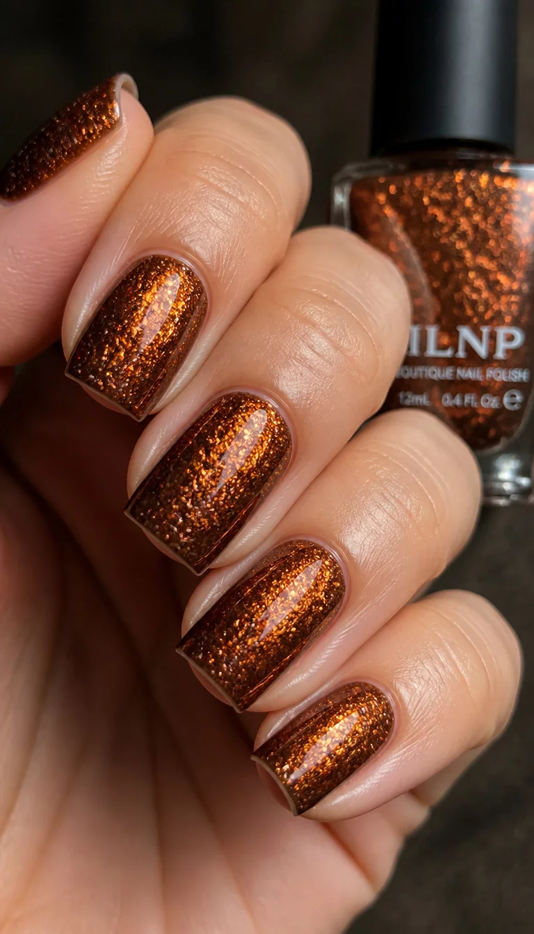 close-up shot of a woman’s hand with five fingers showing square-shaped nails coated in a glittery burnt orange polish with dark brown undertones, a bottle of glitter nail polish in the background.