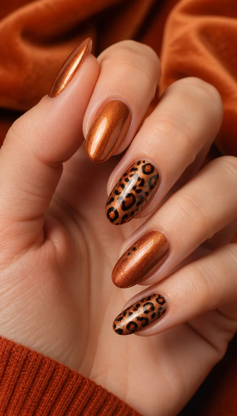 close-up shot of a woman’s hand with five fingers showing almond-shaped nails with metallic orange-brown polish and a few nails featuring a leopard print design, blurred orange velvet texture background.