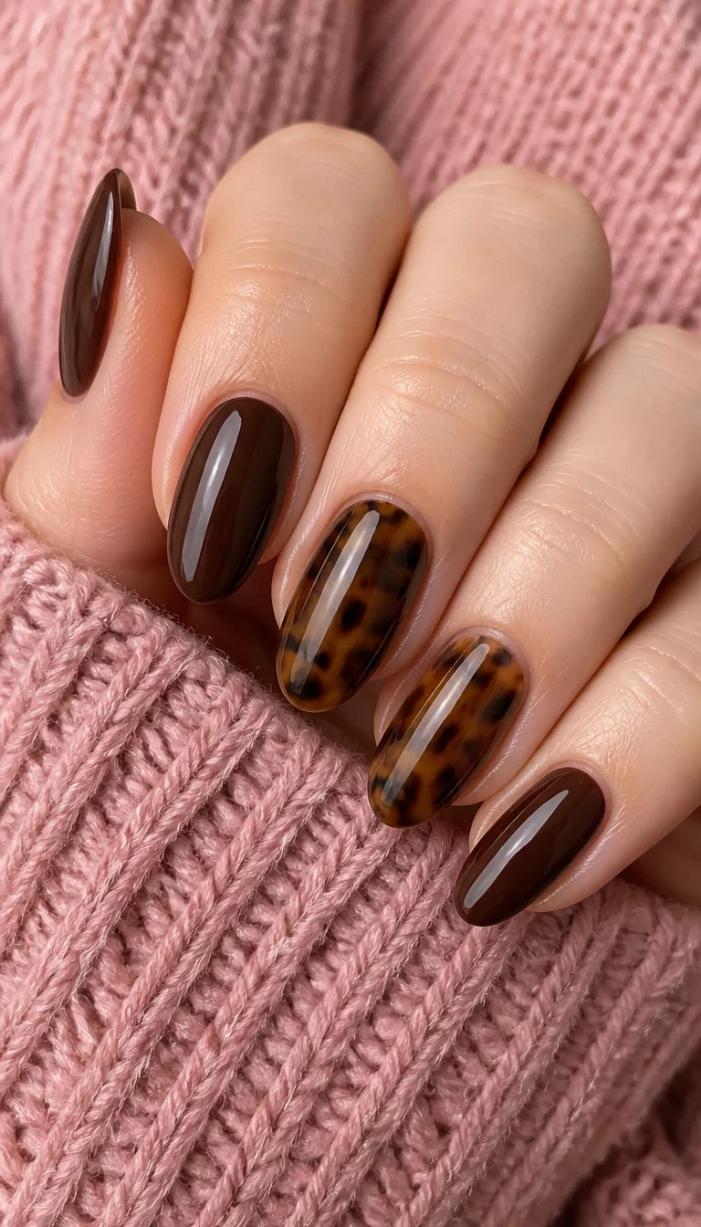 close-up shot of a woman’s hand with five fingers showing almond-shaped nails coated in a glossy dark brown polish, two nails feature a brown tortoiseshell design, pink knitted sweater background.