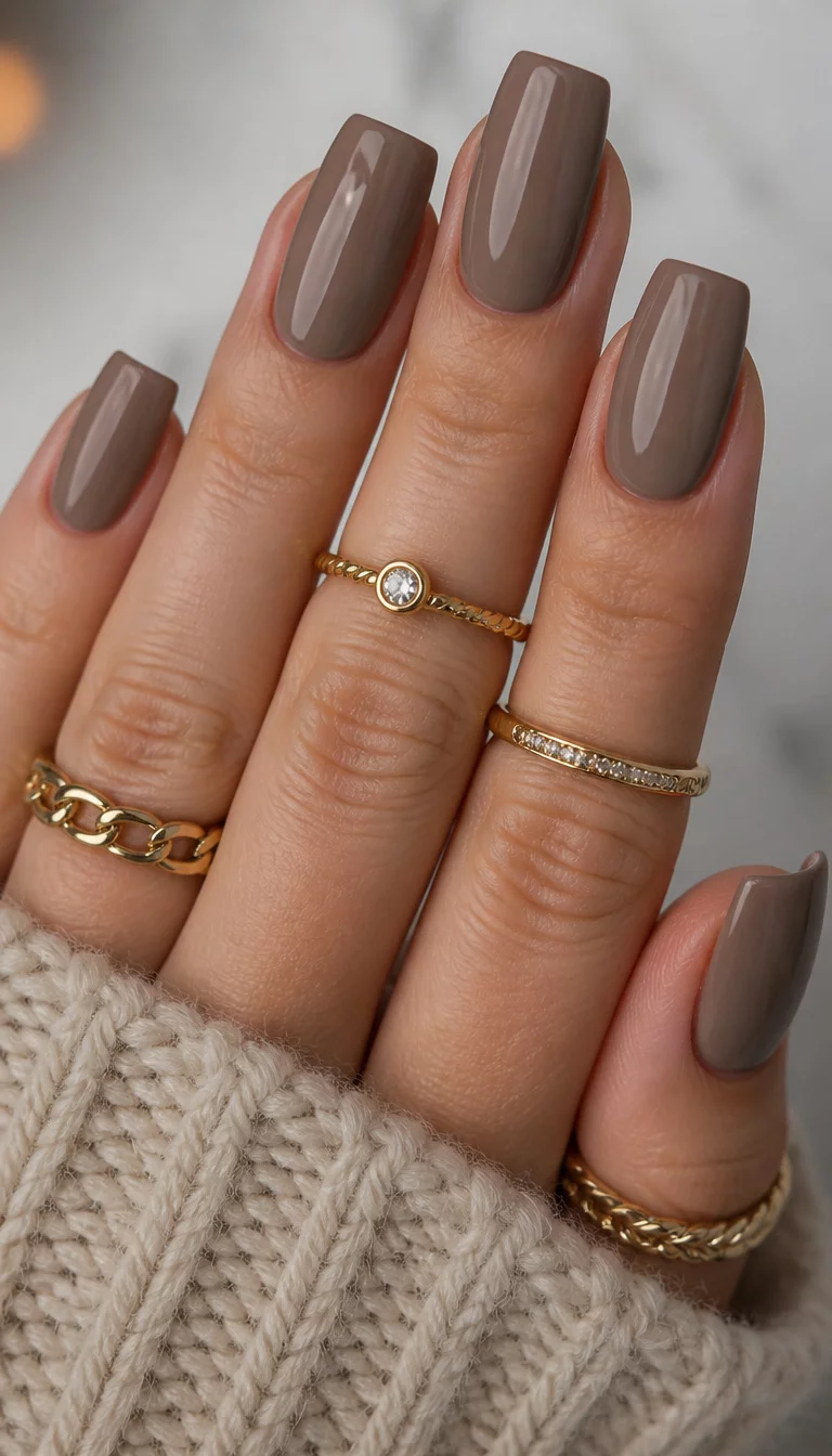 close-up shot of a woman’s hand with five fingers showing square-shaped nails with a muted taupe brown polish, one nail has a beige base with silver glitter accents, several gold rings are worn on the fingers.